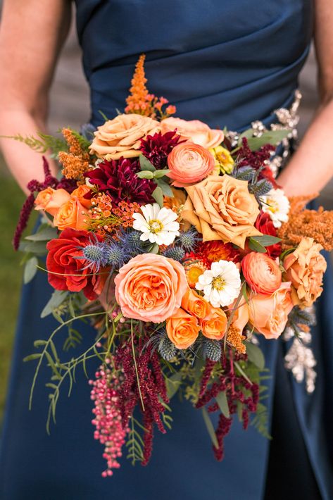 Fall Wedding Colors Plum Navy Blue, Fresh Fall Wedding Flowers, October 2023 Wedding, Fall Wedding Colors October 2023, Fall Wedding Colors With Navy Suits, Virginia Fall Wedding, Fall Color Bridal Bouquet, Spring Orange Wedding Color Schemes, Autumn Micro Wedding