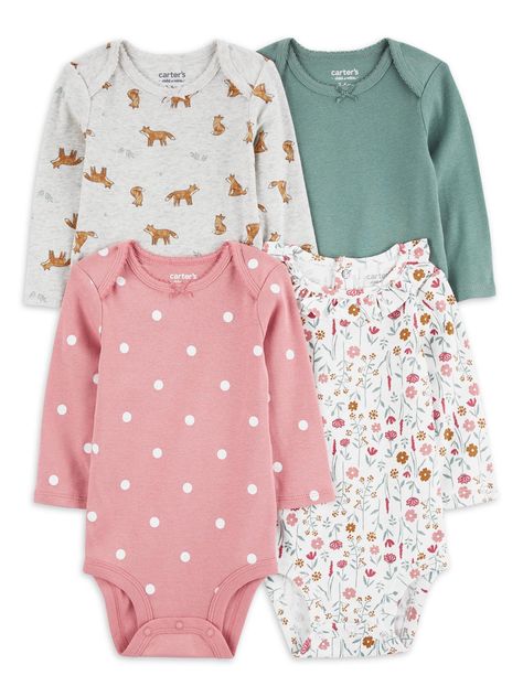 Arrives by Fri, Jan 26 Buy Carter's Child of Mine Baby Girl Bodysuit, 4-Pack, Sizes Preemie-18 Months at Walmart.com Carters Size Chart, Body Manga Longa, Baby Bath Time, Carters Girl, Cotton Bodysuit, Carters Baby, Girls Wardrobe, Baby Outfits, Unisex Baby