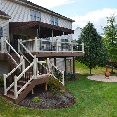 TimberTech Earthwood Decking in Pacific Walnut, Almond Vinyl railing 2nd Story Deck, Deck Building Plans, Second Story Deck, Vinyl Railing, Deck Pictures, Deck Steps, Patio Deck Designs, Deck Stairs, Deck Projects