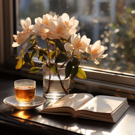 Nice and cosy atmosphere of spring time, still life on the window with book, flowers and cup of tea Still Life Tea Cup, Spring Still Life Photography, Flowers On Windowsill, Still Life Images Photography, Book Still Life Photography, Vintage Still Life Photography, Still Life Book, Tea Still Life, Aesthetic Still Life Photography