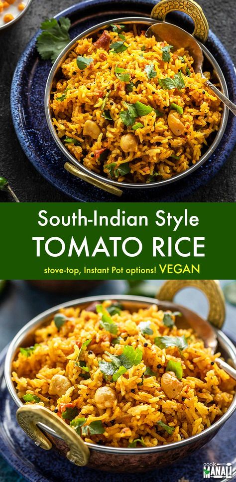 Tomato Rice Recipe, Vegan Indian Recipes, Indian Rice Recipes, Tomato Rice, Indian Recipe, Vegan Side Dishes, South Indian Food, Indian Food Recipes Vegetarian, Samosa