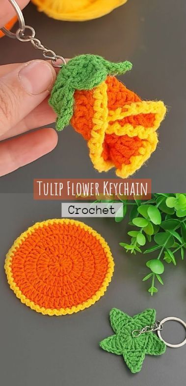 Crochet Tulip Flower Keychain Tulip Keychain Crochet, Crochet Tulip Keychain, Crochet Flower Keychain, Crochet Shapes, Crochet Guide, Yarn Humor, Crochet Plants, Keychain Patterns, Crochet Tulip