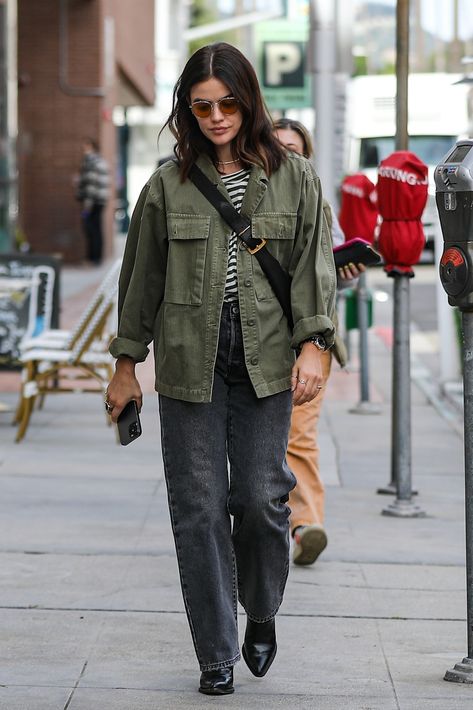 Fall Green Jacket Outfit, Lucy Hale 2023, Unpolished Casual, Khaki Jacket Outfit, Lucy Hale Outfits, Green Jacket Outfit, Lucy Hale Style, Green Denim Jacket, Jacket Outfit Women