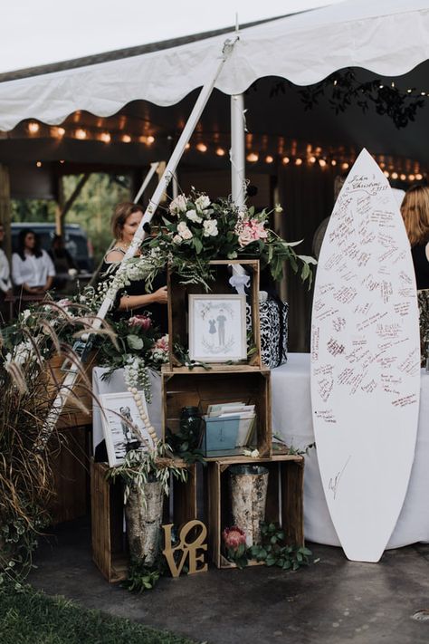 Surfboard Wedding Guest Book, Surfboard Guest Book, Surfboard Wedding Sign, Beach Wedding Guest Book Ideas, Wedding Surfboard, Surfboard Wedding, Apple Blossom Wedding, Hawaii Decorations, Costa Rica Beach Wedding