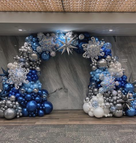 Winter Wonderland Balloon Arch and Garland by Capri & Eros Occasions Houston Winter Formal Themes Ideas, Christmas Theme Balloon Arch, Icy Party Theme, Winter Ballon Arch, Winter Wonderland Ball Decorations, Winter Wonderland Corporate Event, Balloon Arch Winter Wonderland, Winter Wonderland Party Theme Ideas, Winter Wonderland Balloon Backdrop