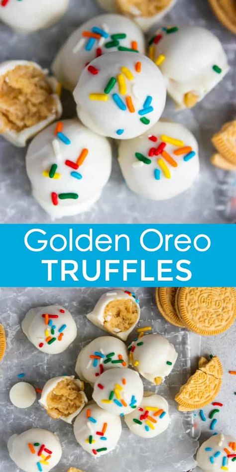 What's better than a Golden Oreo? A Golden Oreo Truffle! These simple, no bake treats are perfect for any party or gathering--dessert has never been this good, and this easy! #oreos #goldenoreos #oreotruffles #nobakedessert Golden Oreo Truffles, Lemon Zest Recipes, Oreo Truffle, Road Snacks, Bake Ideas, Truffle Recipes, Oreo Truffles Recipe, Dessert Truffles, Custom Jewelry Ideas