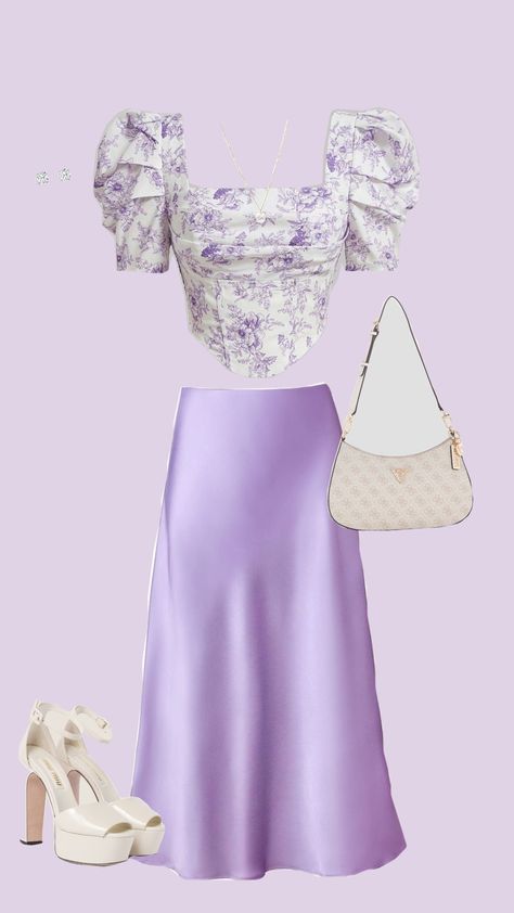 #outfit #chic #wishlist #lavender #aesthetic #cute #gardenparty #teaparty #teapartyvibes White Outfit For Party, Pastel Color Outfit Aesthetic, Lavender And White Outfit, Chic Wishlist, Pastel Color Outfit, Lilac Outfits, Purple Dress Outfits, Tops For Winter, Outfit For Party