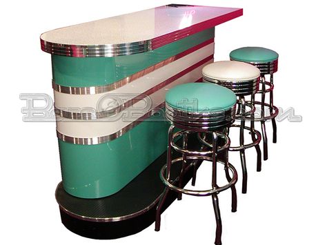 The Custom Bomber Bar can be modified in length, or expanded  into an "L" shape, or "U" shape, or full circle with hinged entry. Basement. Retro Basement, Custom Home Bars, 50s Diner, Home Bar Design, Vintage Diner, Bar Designs, Retro Bar, Retro Diner, American Diner