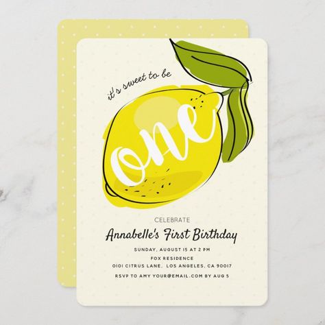 Cute Lemon 1st Birthday Yellow Party Invitation | Zazzle.com Lemon 1st Birthday, Lemon Birthday Party, First Birthday Invitation Cards, Lemon Birthday, Pink First Birthday, Blue Baby Shower Invitations, Lemon Theme, Yellow Party, Lemonade Party