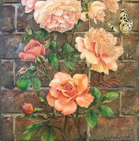 Garage Mural, Peach Colored Roses, Roses Climbing, Stages Of Growth, Book Concept, Three Roses, Colored Roses, Realistic Rose, A Brick Wall