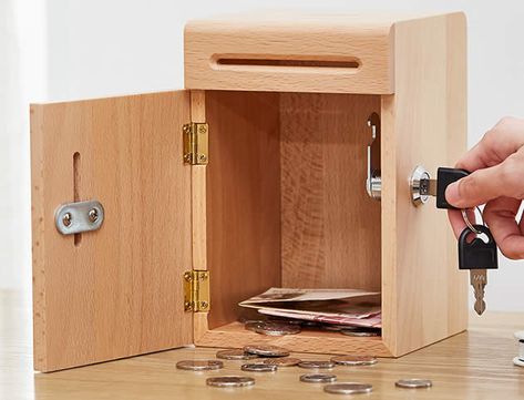 Creative strongbox wooden piggy bank coin box with key lock - FeelGift Diy Money Box Ideas Piggy Bank, Wooden Safe, Wood Bank Diy, Money Box Ideas, Wooden Money Box Ideas, Wooden Piggy Bank Diy, Money Box Diy, Wooden Coin Bank, Wood Piggy Bank