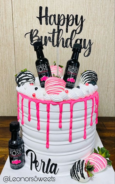 21st Birthday Ideas For Women, Alcohol Cakes For Woman, Birthday Inpos, Birthday Cake Alcohol Theme, Tequila Rose Cake, Alcohol Birthday Cake For Women, Cake With Alcohol Bottles On Top, 18th Birthday Cake Pink Gin, 21st Birthday Cake Liquor