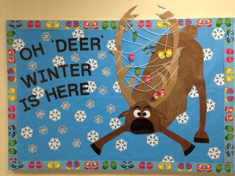 December - Winter bulletin board. Oh 'Deer' Winter Is Here! Frozen's Sven December Bulletin Boards, Office Bulletin Boards, Door Bulletin Boards, Winter Bulletin Board, Holiday Bulletin Boards, Christmas Bulletin Boards, Work Bulletin Boards, January Bulletin Boards, Deer Winter