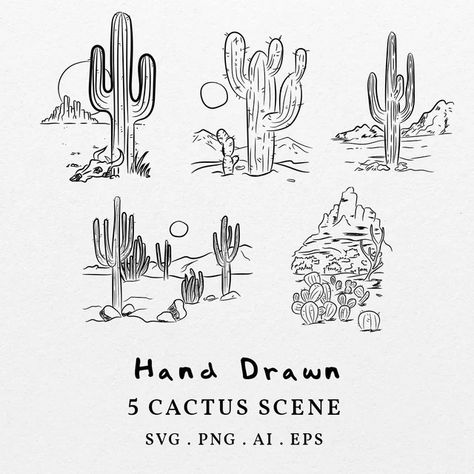 NookPaper - Etsy Poland Cactus Desert Illustration, Desert Cactus Drawing, Saguaro Cactus Drawing, Desert Landscape Drawing, Arizona Drawing, Small Cactus Tattoo, Desert Doodles, Cactus Line Drawing, Cacti Illustration