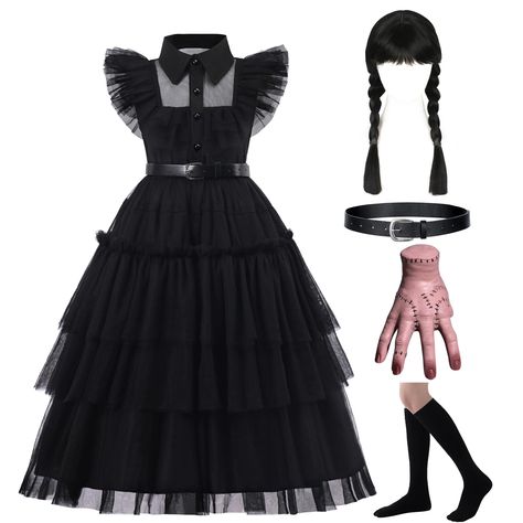 PRICES MAY VARY. 👗🎁 Wednesday Addams Princess Dress - This dress is made of Wednesday Addams' signature color - dark black. With the elegant and romantic style of the princess dress, girls can feel that they are princesses. 👗🎁 Rich Matching - To make your girl a princess, we match 1* Belt, 1* Wige, 1 pair of Prosthetic Hands（Thing）, 1 pair of Socks for Fashion Wednesday Addams Dress. Highly restore the characters in the play! 👗🎁 High Quality Skin Friendly Material - This skirt is made of h Wednesday Costume Kids, Wendsday Adams Costumes, Wednesday Addams Costume Kids, Diy Wednesday Addams Costume, Wednesday Halloween Costume, Wednesday Thing, Wednesday Addams Outfit, Wednesday Costume, Wednesday Addams Dress