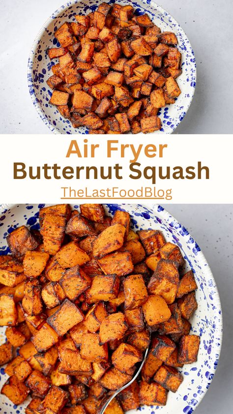 Made with just a few simple ingredients these air fryer butternut squash cubes are the perfect easy side dish. They're really easy to male and are perfectly seasoned. Great for adding to salads or having them as a tasty snack. Butternut Squash In Air Fryer, Squash In Air Fryer, Air Fryer Butternut Squash, Air Fryer Recipes Healthy Low Carb, Savory Butternut Squash, Butternut Squash Recipe, Frozen Butternut Squash, Butternut Squash Cubes, Squash Recipe