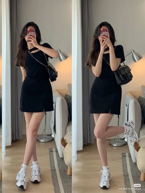 Cute Korean Summer Outfits Street Styles, Black Dress Mini Outfit, Summer Korean Outfits Street Styles, Feminim Style Outfit, Ootd Korean Style Casual, Fitted Dress Outfit, Photography 2023, Simple Style Outfits, Korean Outfit Street Styles