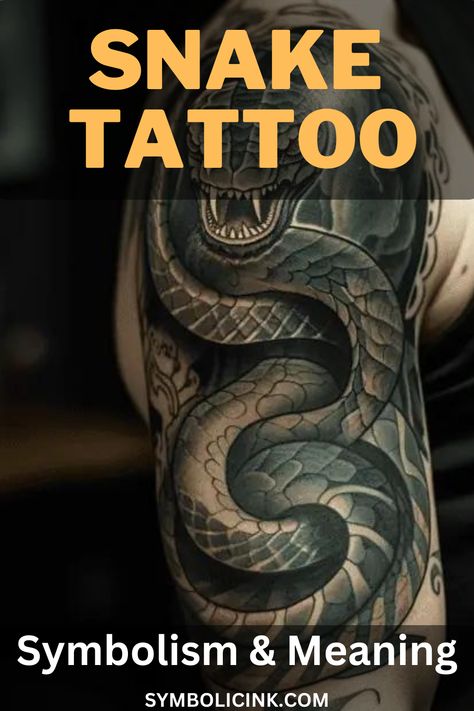 Snake Tattoo Meaning Tattoos That Go With Snakes, Snake Tattoo Men Leg, Angel Snake Tattoo, Snake Biting Tattoo, Snake Tattoos Men, Year Of The Snake Tattoo, Cool Snake Tattoos, Snake Tattoo Men, Snake Quotes