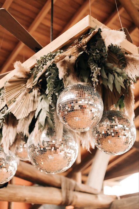 Over Dance Floor Decor, Disco Balls Over Dance Floor Wedding, Boho Dance Floor Wedding, Large Wedding Decor, Botanical Disco Wedding, Wedding Disco Ball Dance Floors, Boho Wedding Ceiling Decor, Rustic Disco Wedding, Elegant Disco Wedding