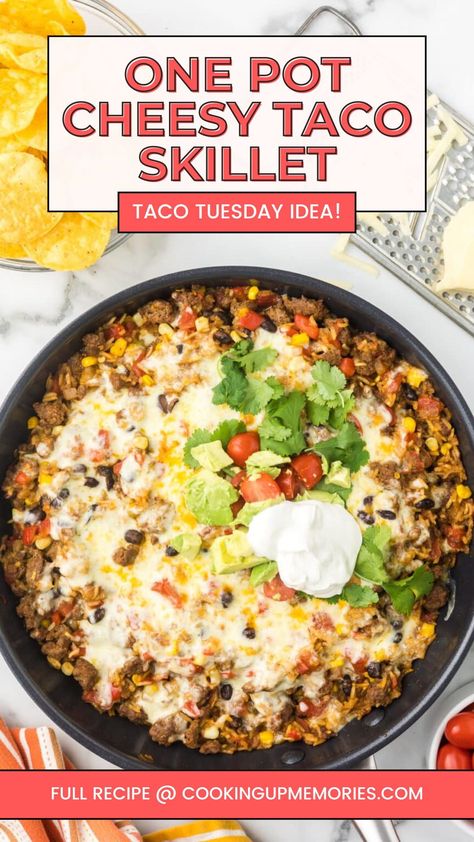 This One-Pot Cheesy Taco Skillet is a quick and delicious dinner that’s perfect for busy weeknights! Loaded with seasoned ground beef, melty cheese, and your favorite taco toppings, it’s a flavorful meal made in just one pan for easy cleanup. Ready in under 30 minutes, it’s a family favorite that everyone will enjoy. Serve with tortilla chips or over rice for a complete meal! Cheesy Taco Skillet, Delicious Chili Recipe, Taco Skillet, Ground Beef Tacos, One Pot Dinners, One Pot Dinner, Homemade Taco Seasoning, Tacos Beef, Skillet Meals