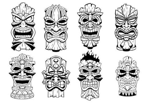 Tiki idols icons set, cartoon style 8791074 Vector Art at Vecteezy Tiki Mask Drawing, Tiki Drawing, Tiki Design, Tiki Tattoo, Chainsaw Wood Carving, Tiki Faces, Wood Carving Faces, Wood Yard Art, Mask Drawing