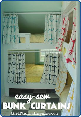 Love the colors, but would do a different print for the camper, though the anchors are pretty awesome. Diy Bunk Bed Curtains, Curtain Hacks, Bunk Bed Curtains, Modern Bunk Beds, Diy Bunk Bed, Camper Trailer Remodel, Diy Camper Remodel, Bunk Bed Designs, No Sew Curtains