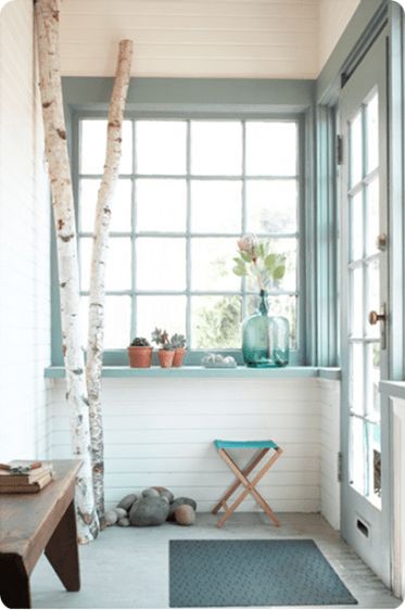 blue window via hoturq Birch Tree Decor, Vibeke Design, House Of Turquoise, Painting Trim, Beach Cottages, My New Room, Tree Decor, The Window, My Dream Home