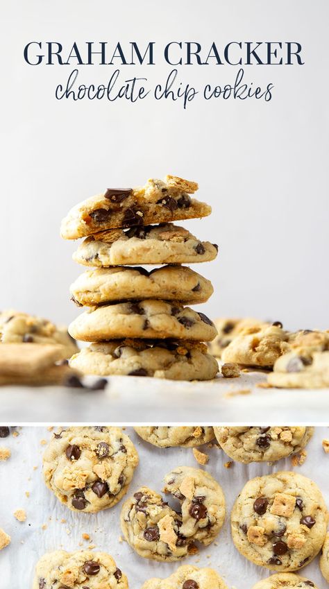 These graham cracker chocolate chip cookies feature a soft and chewy cookie base stuffed to capacity with graham cracker chunks and gooey chocolate chips. Cracker Chocolate, Cookie Base, Basic Cookies, Peanut Butter Granola, Chocolate Graham Crackers, Culinary Art, Kinds Of Cookies, Chewy Chocolate Chip, Cookies Chocolate