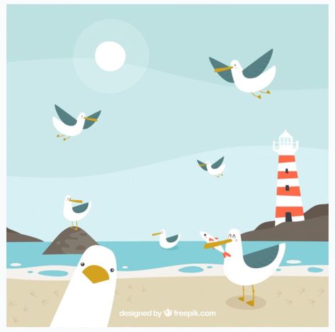 Seagull Illustration, Premium Vector Background, Sea Illustration, Background Nature, Seaside Art, Art And Illustration, Bird Illustration, Sea Birds, Beach Art