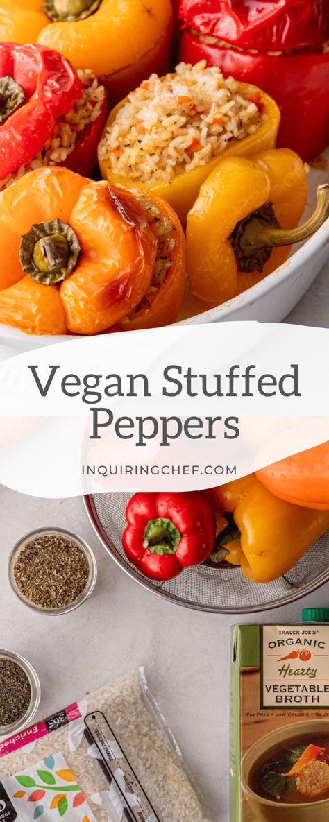 Savory vegetable and rice stuffed peppers are here to perk-up your next vegan meal. This recipe uses just a few basic ingredients that you likely already have in your kitchen, which means you can make these on the fly when time is short and your family is hungry! Vegan Stuffed Bell Peppers, Vegan Stuffed Peppers, Stuffed Peppers With Rice, Vegan Sausage, Vegan Main Dishes, Peppers Recipes, Quick Dinner Recipes, Vegetarian Dinner, Vegan Dinner Recipes