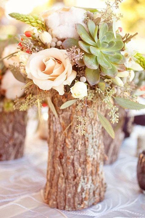 30 Aesthetic Wooden Vase Ideas It is true that the kinds of vases can be in so many varied ones. From the different designs to the different materials. From all of the materials that are possibly be used to make DIY vases, one of those will be wood. Woodland Wedding Centerpieces, Outdoor Wedding Centerpieces, Tree Stumps, Trendy Diy, Fall Wedding Centerpieces, Rustic Fall Wedding, Rustic Centerpieces, Country Weddings, Rustic Wedding Centerpieces