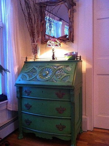 Nicky T's Secretary Desk | Sally Barker | Flickr Violet Desk, Green Painted Dresser, Painted Desks, Painting Wicker, Antibes Green, Green Dresser, Chalk Painting, Green Furniture, Furniture Rehab