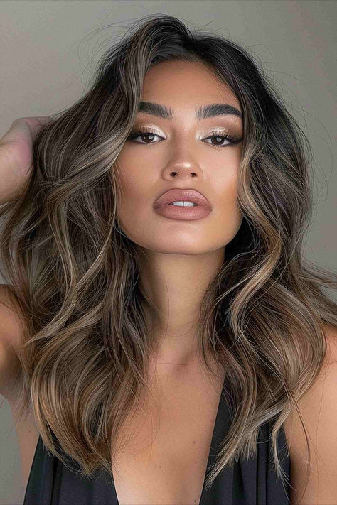 Mushroom brown hair color that complements tan skin. Ombre Hair For Brown Skin, Hair Ideas Tan Skin, Light Brown Hair With Highlights Olive Skin, Tan Hair Color Skin, Tanned Skin Hair Color Ideas, Creamy Beige Highlights, Best Hair Color For Tan Skin Tone, Balayage Tan Skin, Hair Color On Tan Skin