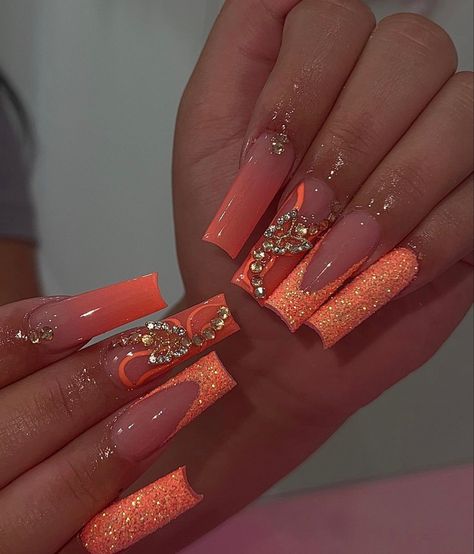 Orange Acrylic Nails, Hard Nails, Spring Nail Designs, Colored Acrylic Nails, Nails Design With Rhinestones, Girly Acrylic Nails, Brighter Days, Fall Acrylic Nails, Music Tattoo