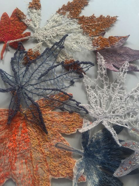 Textile Leaves Fabric Art, Dissolvable Fabric Embroidery, Nature Textile Art, Dissolvable Fabric Textiles, Gcse Art Textiles Final Piece, Water Soluble Fabric Embroidery, Solvy Fabric, Leaf Textiles, Gcse Textiles Final Piece