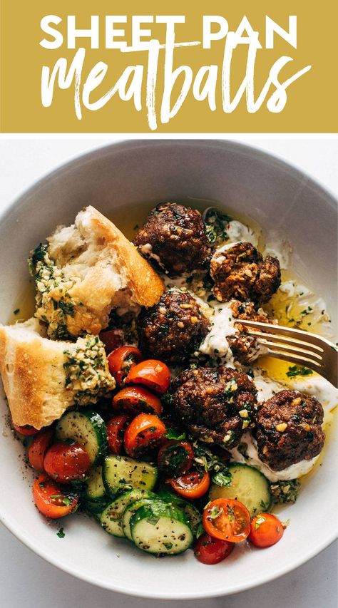 Sheet Pan Meatballs with Tomato Salad and Green Sauce! Juicy little sheet pan meatballs that are salty, zesty, briney, and so so delicious. Served with tzatziki, green sauce, and a tomato salad. #meatballs #beef #tomatosalad Minced Recipes, Sheet Pan Meatballs, Meatballs Salad, Basil Meatballs, Meatball Salad, Meatballs Beef, Recipe Meatballs, Pan Dinners, Pan Meals