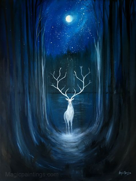 Magical Paintings, Paint Inspo, Deer Art, Moon Photography, Magical Art, The Messenger, Fantasy Paintings, Fairytale Art, Art Et Illustration