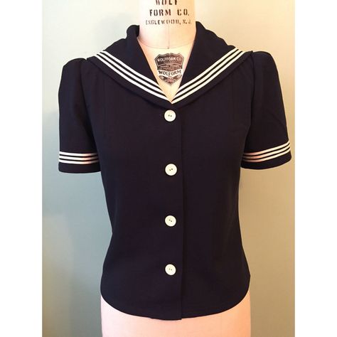 1940s 40s Puffed Sleeve Navy Sailor Top Custom Made for Your Size (€110) ❤ liked on Polyvore featuring tops, blouses, dark olive, women's clothing, sailor top, navy blouses, navy blue top, puff sleeve top and purple top Forties Fashion, Sailor Top, Sailor Shirt, American Girl Doll Clothes Patterns, Navy Sailor, Clueless Outfits, Retro Styles, Sailor Fashion, Sailor Dress