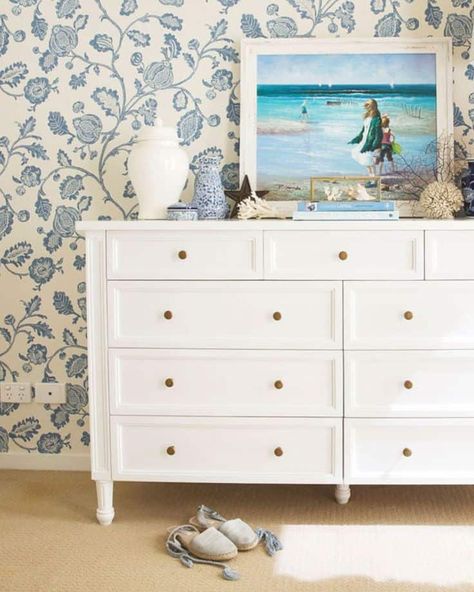 16 Coastal Dresser Styling Ideas » Lady Decluttered Coastal Bedroom Dresser Decor, Beach House Dresser, Coastal Dresser Decor, Dresser Styling Ideas, Beachy Dresser, White Bedroom Dresser, White Coastal Bedroom, Hampton Bedroom, Coastal Dresser