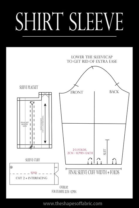 These are the components of a classic shirt sleeve pattern. Click through to find the whole tutorial on how to draft a shirt pattern and get your free sleeve placket pattern pdf. #patternmaking #patterndrafting #sewingpattern #sewing Sleeve Placket Pattern, Shirt Sleeve Pattern, Placket Pattern, Basic Shirts Pattern, Sleeves Tutorial, Pattern Making Books, Pattern Making Tutorial, Manset Lengan, Mens Shirt Pattern