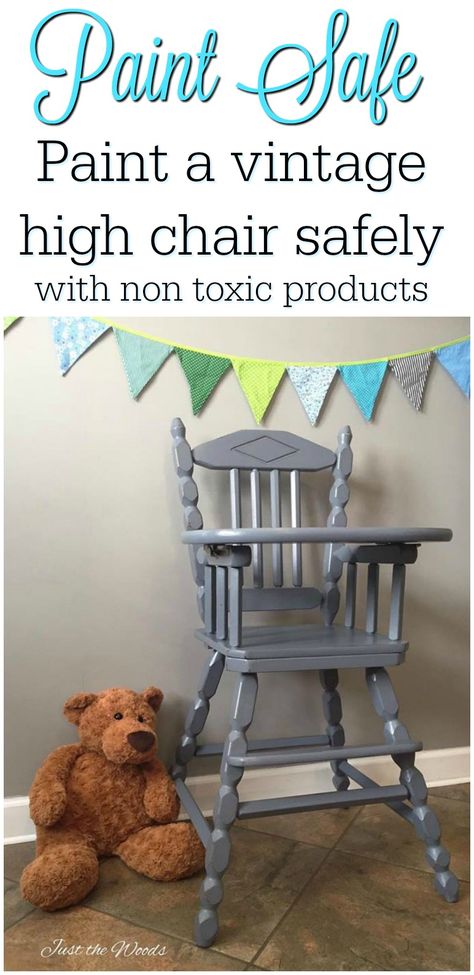 Keep that vintage high chair in the family, or use one for baby photography. Whatever you decide make sure to paint your high chair with non toxic paint products. High Chair Makeover, Painted High Chairs, Antique High Chairs, Wood High Chairs, Vintage High Chairs, Wooden High Chair, Wooden High Chairs, Baby Diy Projects, Painting Wood Furniture