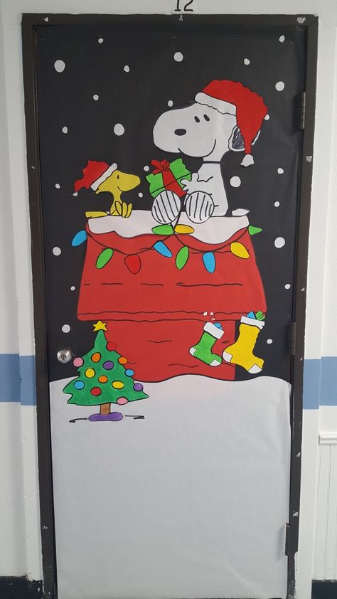 Charlie Brown Bulletin Board Ideas Snoopy Christmas, Snoopy Fall Classroom Door, Peanuts Christmas Classroom Door, Snoopy Halloween Classroom Door, Christmas Door Decorations Charlie Brown, Holiday Teacher Door Decorations, Snoopy Classroom Door Christmas, Peanuts Classroom Door, Charlie Brown Christmas Door Decorations For School