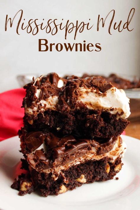 Mississippi Mud Brownies 13 Mississippi Mud Brownies, Mud Brownies, Pudding Desserts Layered, Mississippi Mud Cake, Sweets Bar, Best Brownie Recipe, Chocolate Peanut Butter Cake, Fun Dessert, Easy Chocolate Desserts