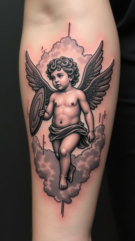 christimis tatoos Cherub Tattoo Men, Angel Tattoo For Men, Angel Tattoo Ideas, Beautiful Angel Tattoos, Dynamic Tattoo, Fallen Angel Tattoo, Guardian Angel Tattoo, Praying Hands Tattoo, Angel Silhouette