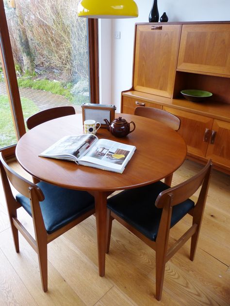 Retro Beautility teak dining table and chairs with G Plan sideboard. Retro Kitchen Table And Chairs, Mcm Round Dining Room Table, Painted G Plan Dining Table, Teak Chairs Dining, Round Teak Dining Table, 60s Dining Table, G Plan Dining Table, Midcentury Modern Dining Room, Mcm Dining Table