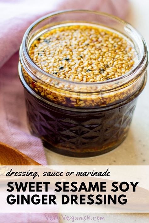 This sweet soy ginger dressing is delicious as a poke bowl sauce, as a dipping sauce for veggie sushi, as an oil-free dressing on salads, noodles, sushi or rice bowls. Soy sauce (soy-free options given, too), rice vinegar and sweetener combine with ginger, wasabi and toasted sesame seeds to make this flavorful dressing. Oil-free salad dressing. Poke bowl sauce. Sesame ginger sauce. Sesame ginger dressing. Sesame ginger marinade for tofu. Wasabi Soy Dressing, Sushi Salad Dressing, Ginger Wasabi Dressing, Poke Bowl Dressing Recipe, Poke Bowl Dressing, Poke Bowl Sauce, Wasabi Recipes, Ginger Marinade, Soy Sauce Dressing