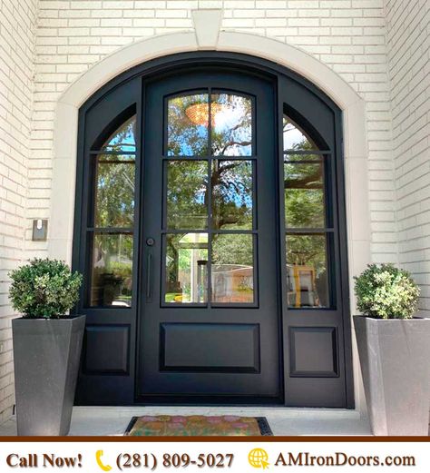 Statement Entry Door, Rounded Front Door Entrance, Arched Entry Door, Orchard Entrance, Arched Front Doors With Glass Panels, Arched Front Door With Sidelights, Arched Iron And Glass Door, Gorgeous Entryway, Iron Front Door Single