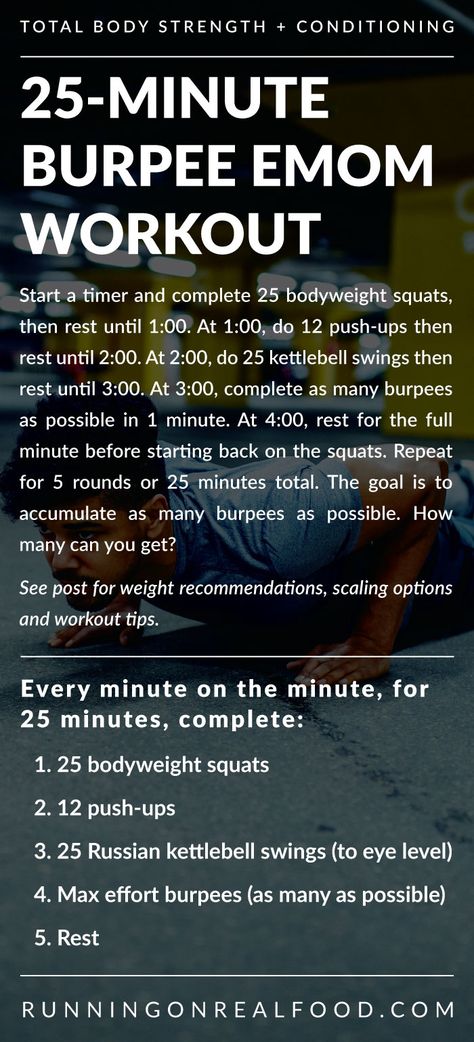 This 25-minute EMOM conditioning workout features squats, kettlebell swings, push-ups and burpees with the goal of accumulating as many burpees as you can. Leg Emom Workout, At Home Crossfit Workouts, Home Crossfit Workouts, At Home Crossfit, Crossfit Workout Plan, Home Crossfit, Crossfit Workouts For Beginners, Running On Real Food, Burpee Workout