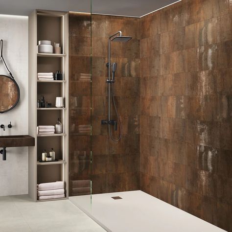 Industrial Tile Bathroom, Copper And Teal Bathroom, Dark Tiled Bathrooms, Copper Tiles Bathroom, Bathroom Large Tiles, Copper Bathroom Ideas, Maritime Bathroom, Copper Shelving, Copper Wall Tiles