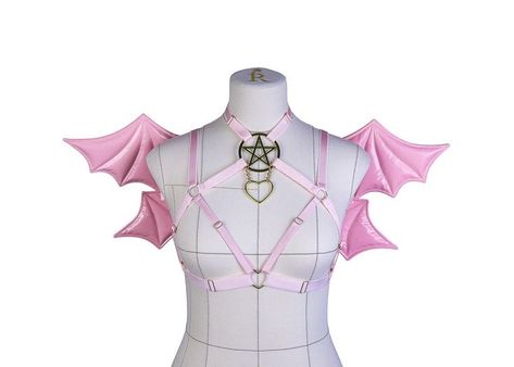 handmade art petplay harness cosplay cutecore anime pastel pink heart pentagram demon wings Pink Body Harness Outfit, Bat Wing Harness, Cute Demon Costume, Pink Harness Outfit, Pastel Succubus, Succubus Clothing, Pink Succubus, Body Harness Outfits, Cutecore Anime